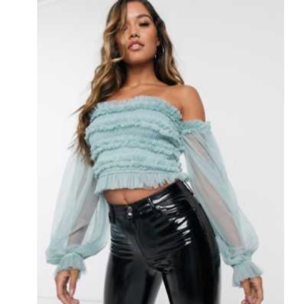 ASOS Mint Off-Shoulder Ruffle Mesh Crop Top